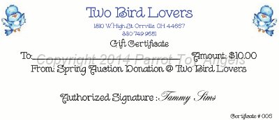 Raffle Donation Gift Cert 006.jpg - Two Bird Lovers $10 Gift Certificate